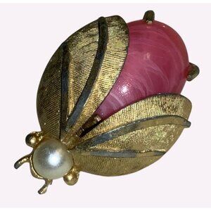 Gold Tone Bug with Pink Stone Body And Faux Pearl Heads Signed RSK